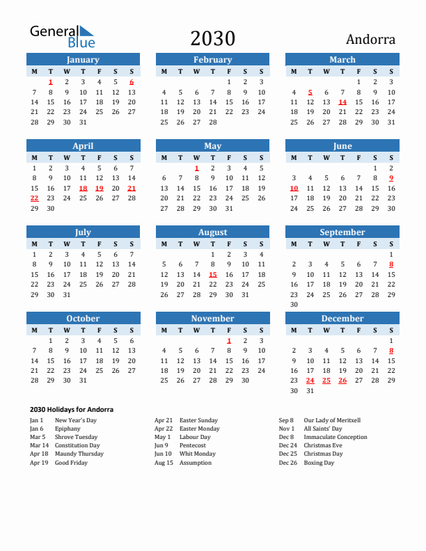 Printable Calendar 2030 with Andorra Holidays (Monday Start)