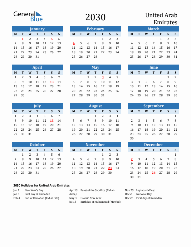 Printable Calendar 2030 with United Arab Emirates Holidays (Monday Start)