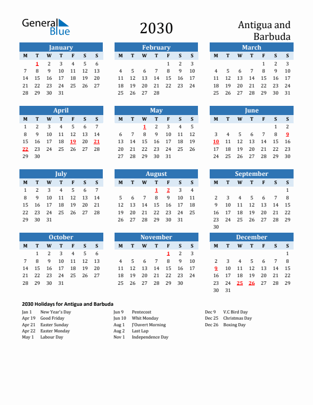 Printable Calendar 2030 with Antigua and Barbuda Holidays (Monday Start)