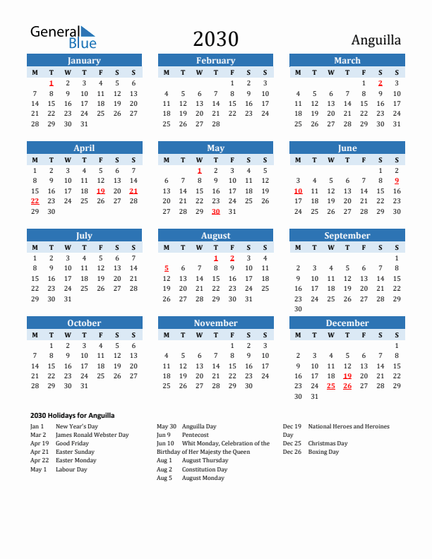 Printable Calendar 2030 with Anguilla Holidays (Monday Start)