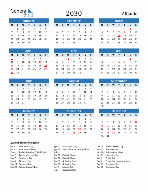 Printable Calendar 2030 with Albania Holidays (Monday Start)