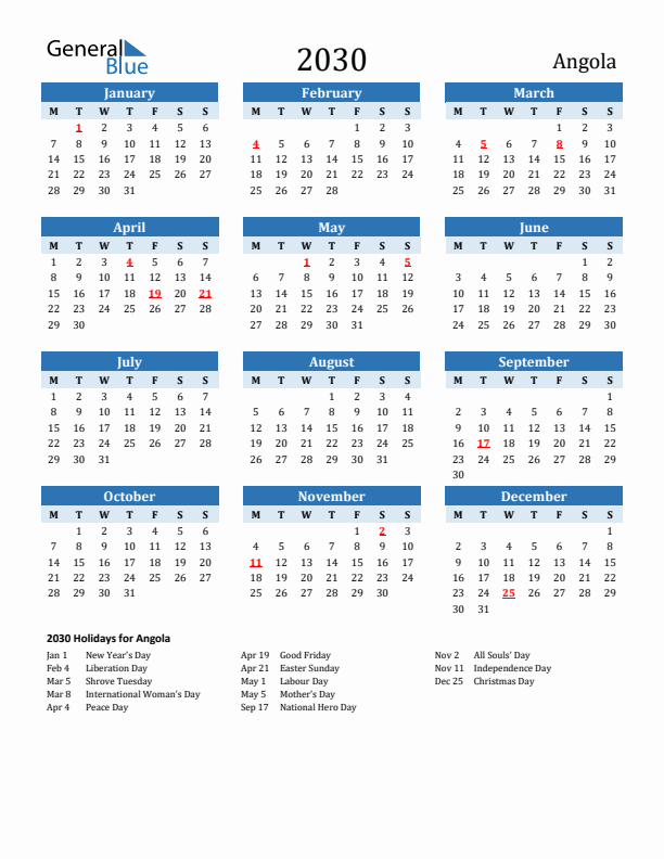 Printable Calendar 2030 with Angola Holidays (Monday Start)