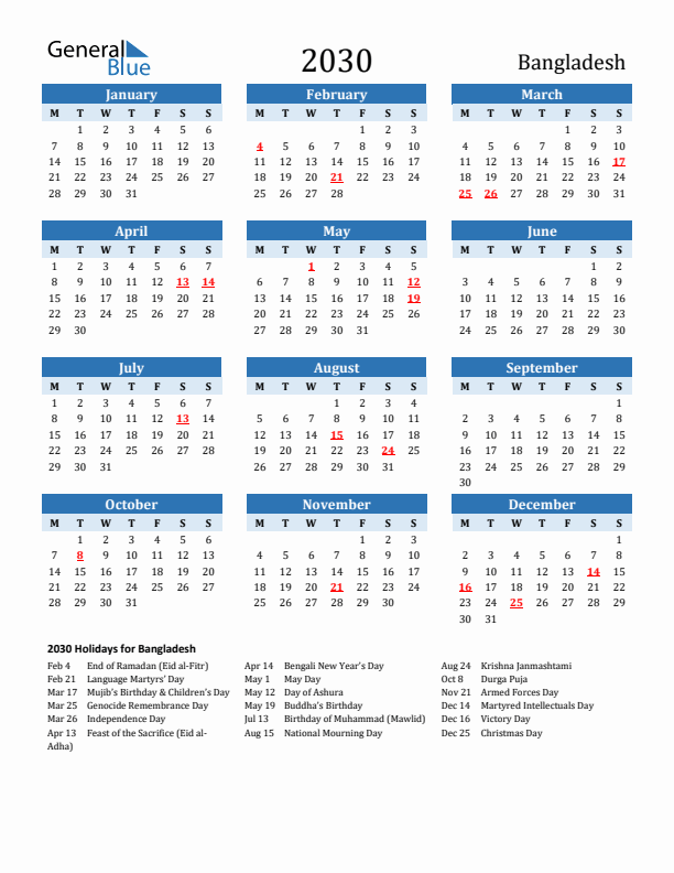 Printable Calendar 2030 with Bangladesh Holidays (Monday Start)