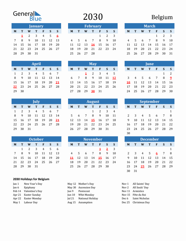 Printable Calendar 2030 with Belgium Holidays (Monday Start)