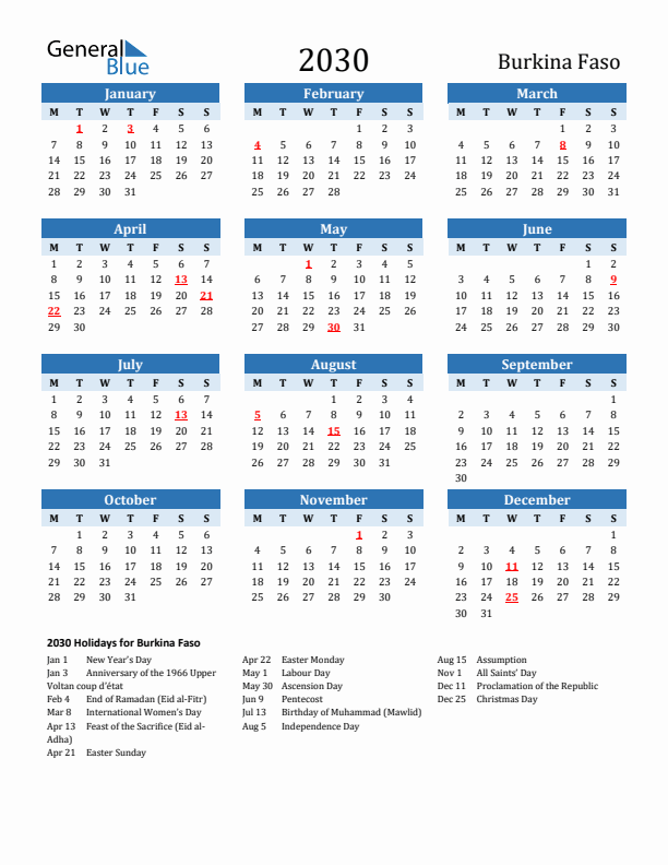 Printable Calendar 2030 with Burkina Faso Holidays (Monday Start)