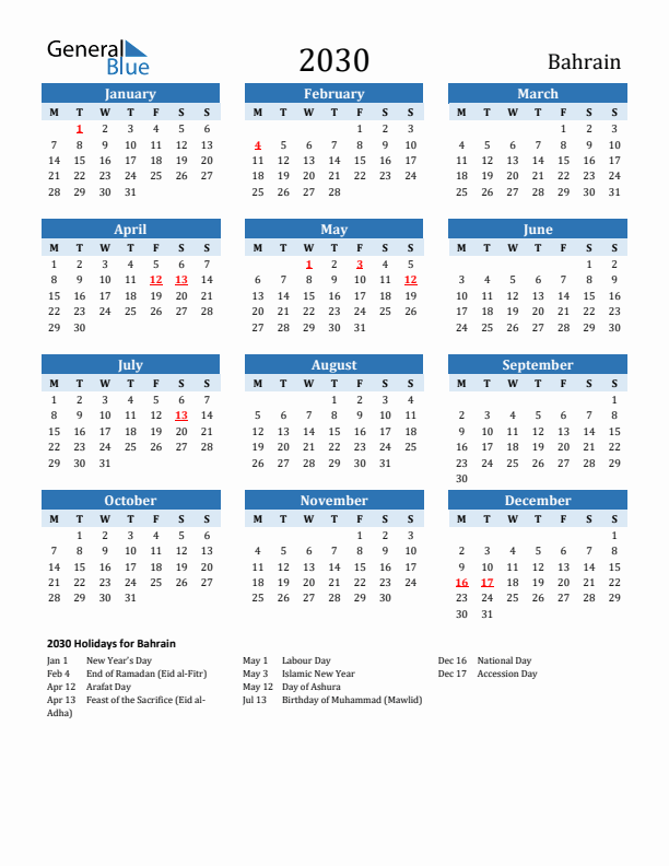 Printable Calendar 2030 with Bahrain Holidays (Monday Start)