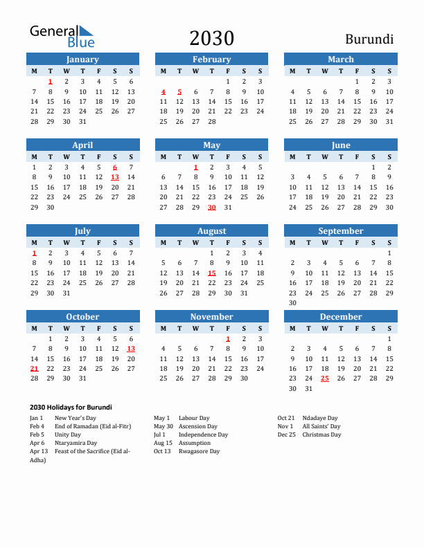 Printable Calendar 2030 with Burundi Holidays (Monday Start)