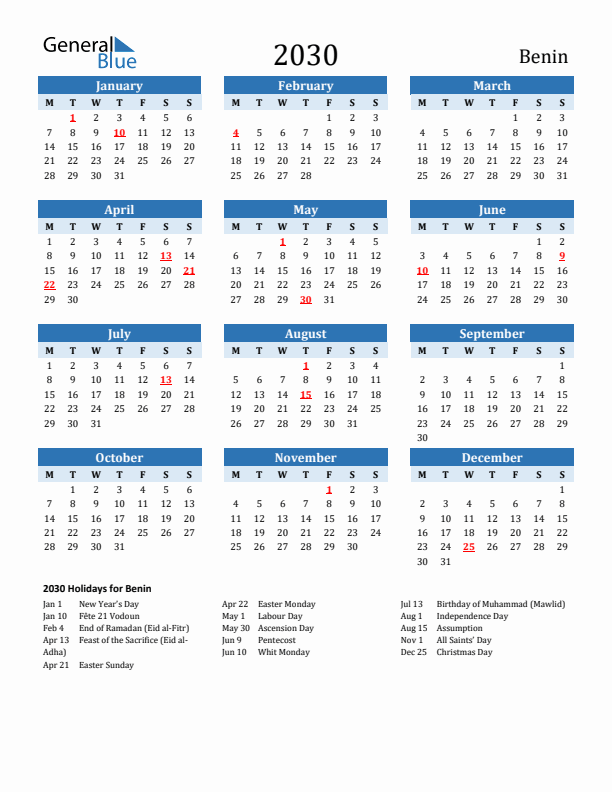 Printable Calendar 2030 with Benin Holidays (Monday Start)