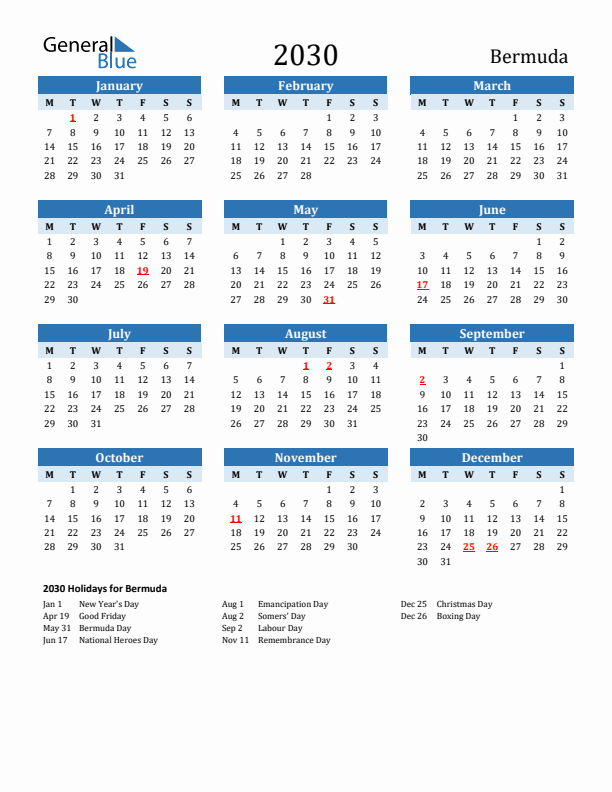 Printable Calendar 2030 with Bermuda Holidays (Monday Start)