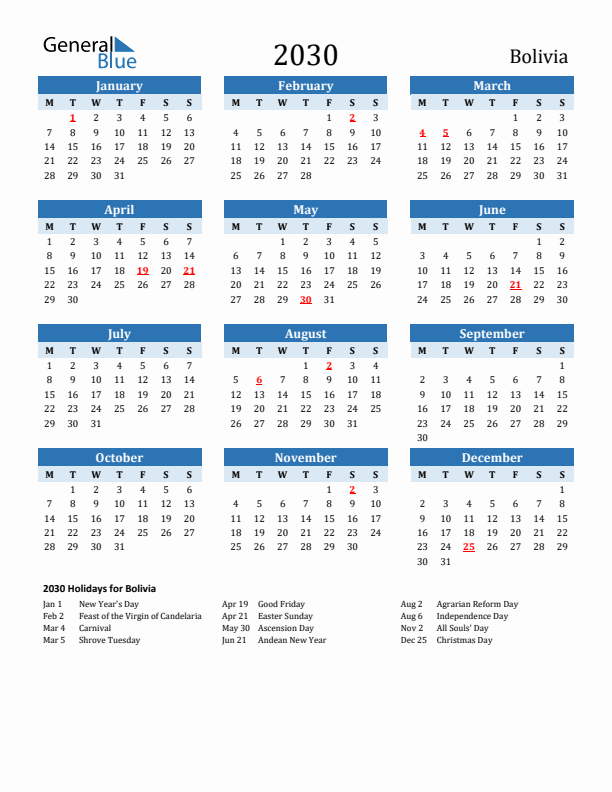 Printable Calendar 2030 with Bolivia Holidays (Monday Start)