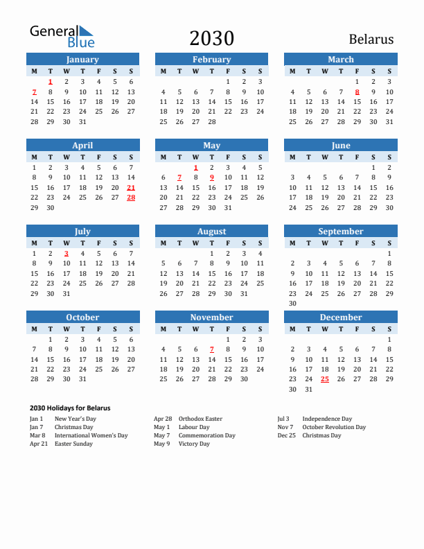 Printable Calendar 2030 with Belarus Holidays (Monday Start)