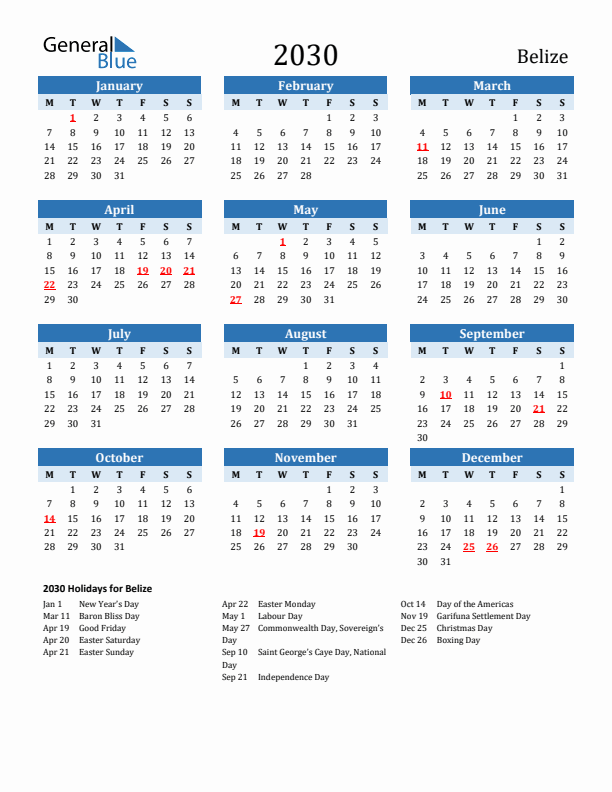 Printable Calendar 2030 with Belize Holidays (Monday Start)