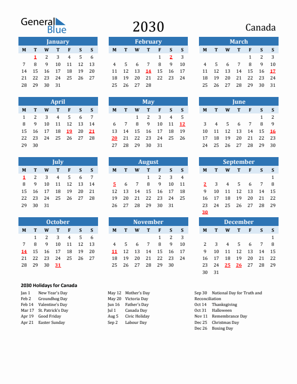 Printable Calendar 2030 with Canada Holidays (Monday Start)