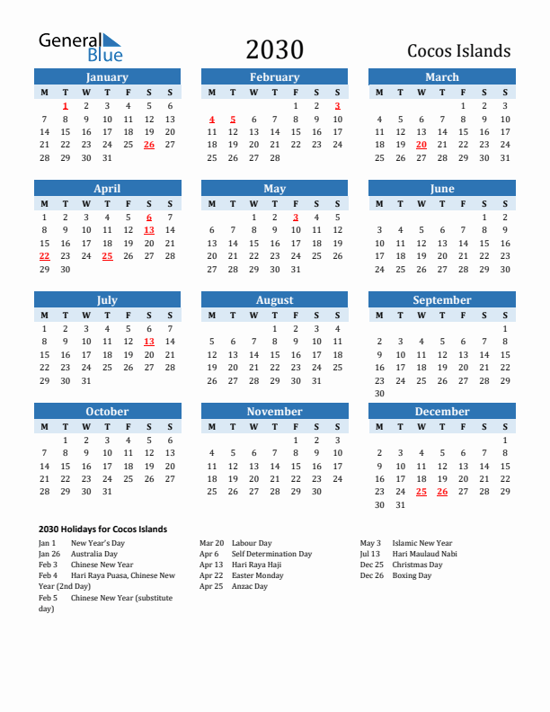 Printable Calendar 2030 with Cocos Islands Holidays (Monday Start)