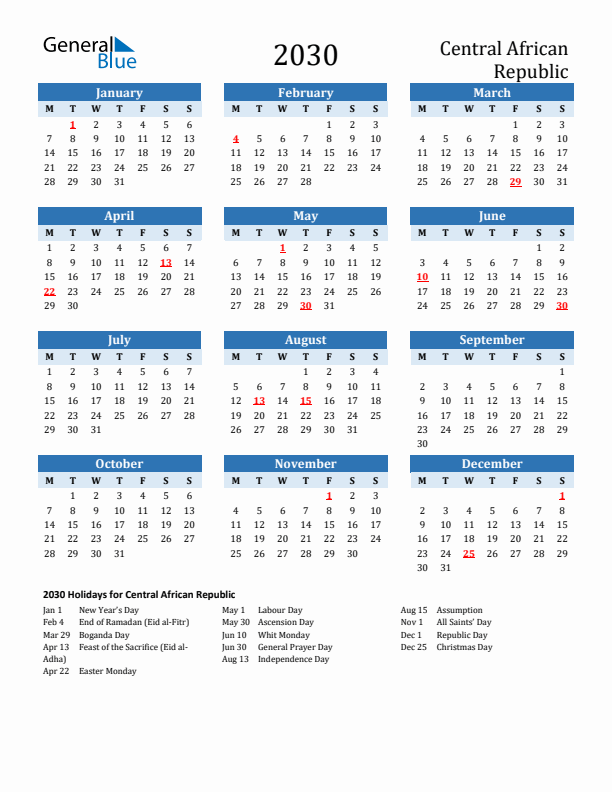 Printable Calendar 2030 with Central African Republic Holidays (Monday Start)