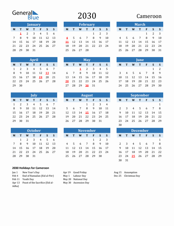Printable Calendar 2030 with Cameroon Holidays (Monday Start)
