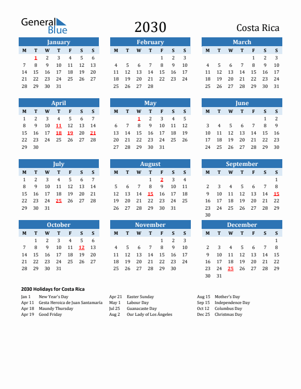Printable Calendar 2030 with Costa Rica Holidays (Monday Start)