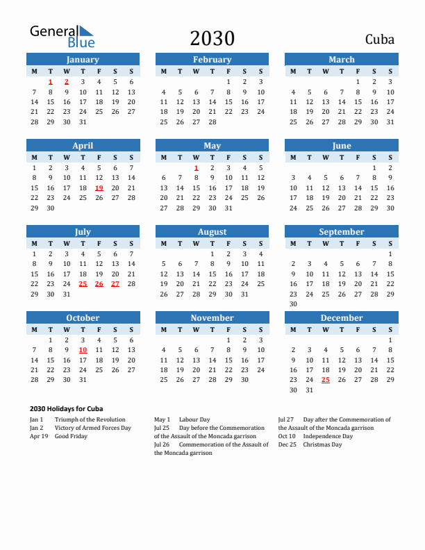 Printable Calendar 2030 with Cuba Holidays (Monday Start)