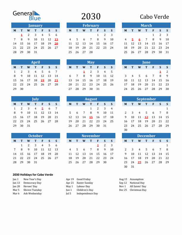 Printable Calendar 2030 with Cabo Verde Holidays (Monday Start)