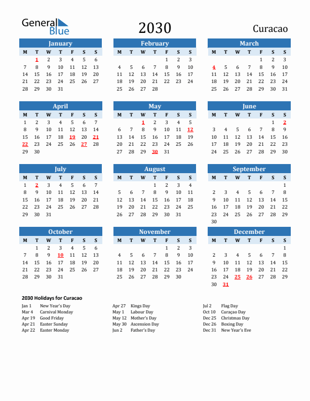 Printable Calendar 2030 with Curacao Holidays (Monday Start)