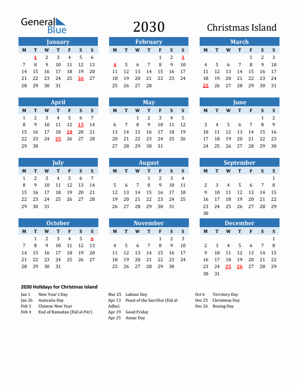 Printable Calendar 2030 with Christmas Island Holidays (Monday Start)