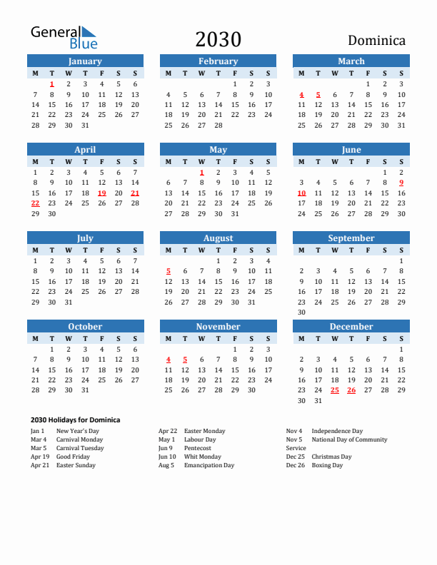 Printable Calendar 2030 with Dominica Holidays (Monday Start)