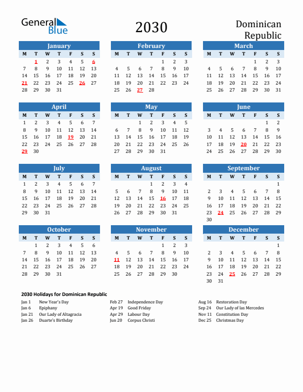Printable Calendar 2030 with Dominican Republic Holidays (Monday Start)