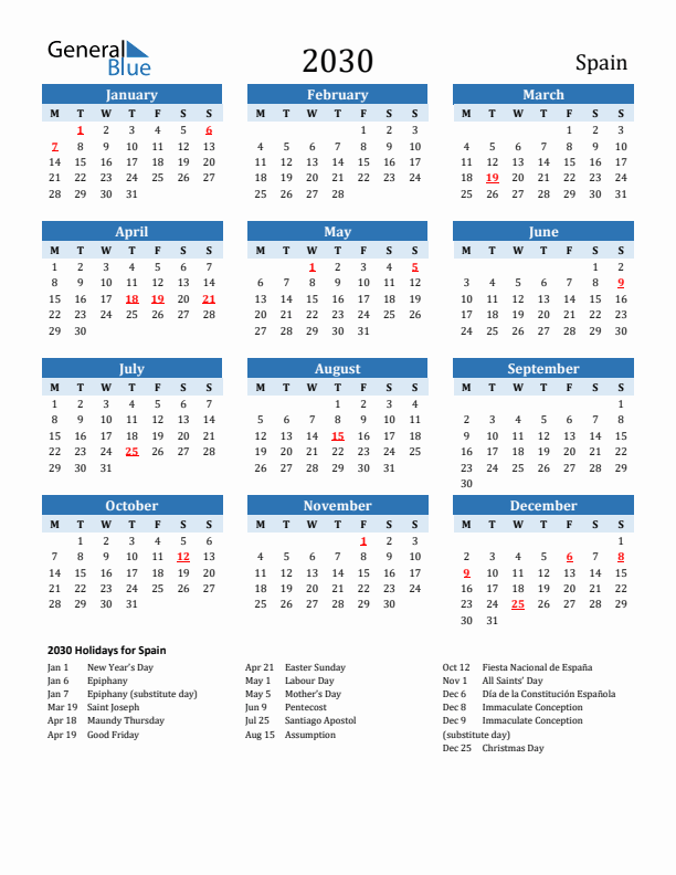 Printable Calendar 2030 with Spain Holidays (Monday Start)
