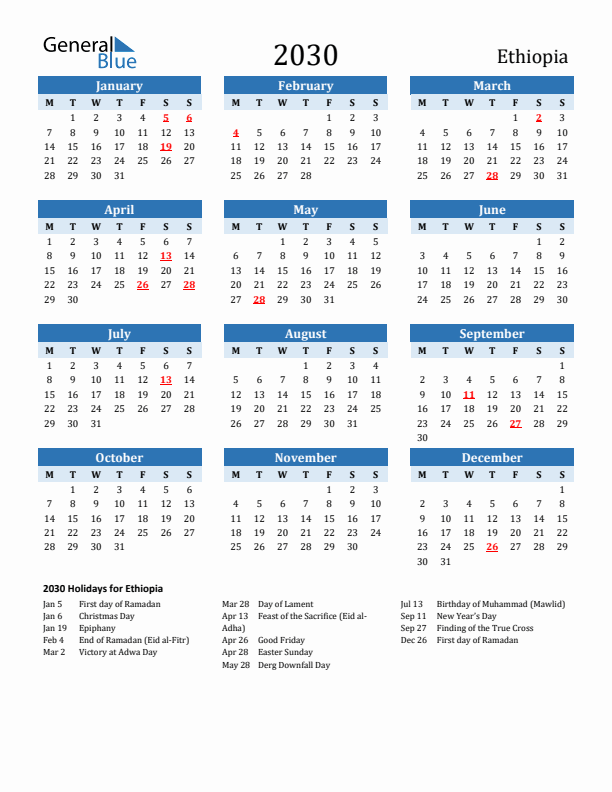 Printable Calendar 2030 with Ethiopia Holidays (Monday Start)
