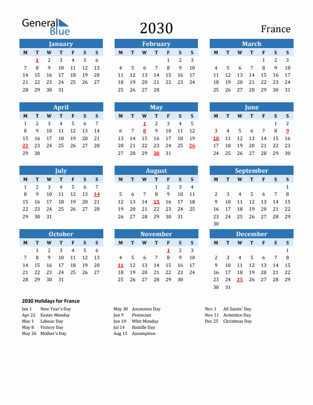 Printable Calendar 2030 with France Holidays (Monday Start)
