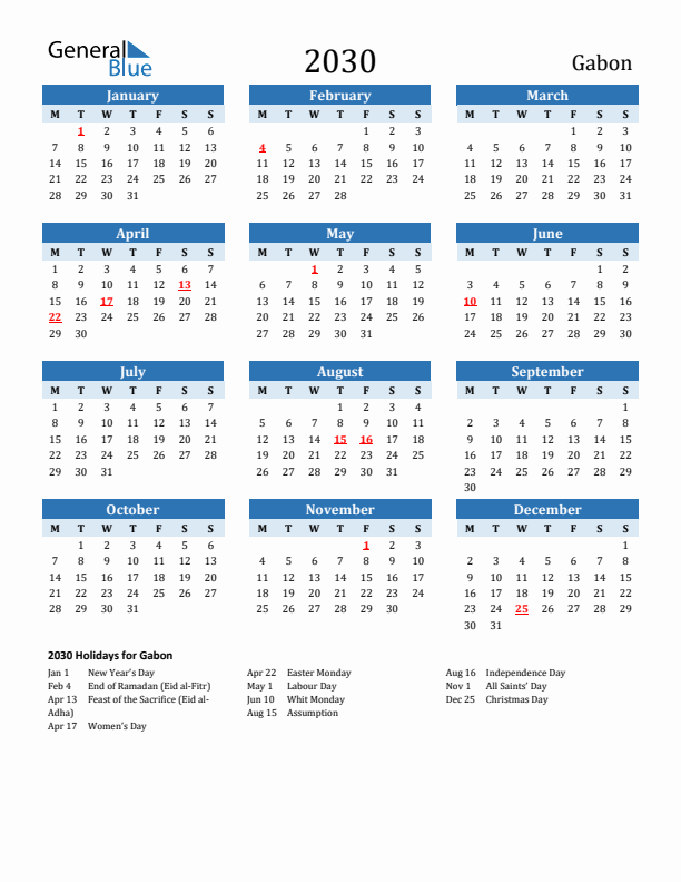 Printable Calendar 2030 with Gabon Holidays (Monday Start)