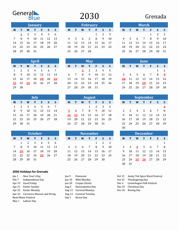 Printable Calendar 2030 with Grenada Holidays (Monday Start)