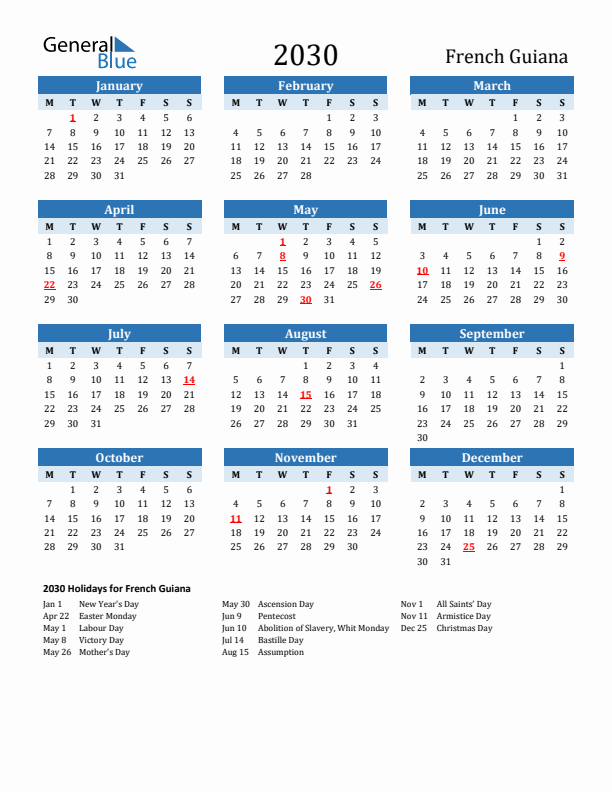 Printable Calendar 2030 with French Guiana Holidays (Monday Start)