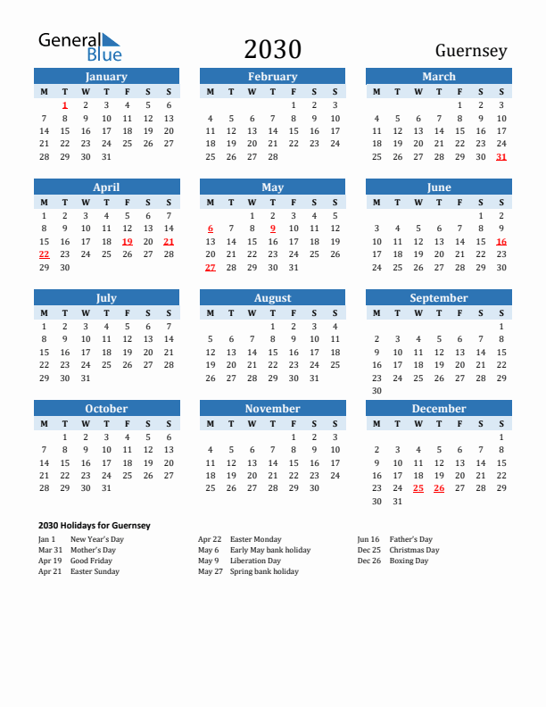Printable Calendar 2030 with Guernsey Holidays (Monday Start)