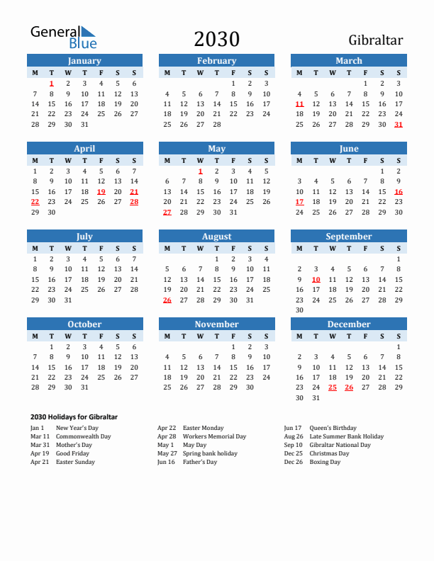 Printable Calendar 2030 with Gibraltar Holidays (Monday Start)