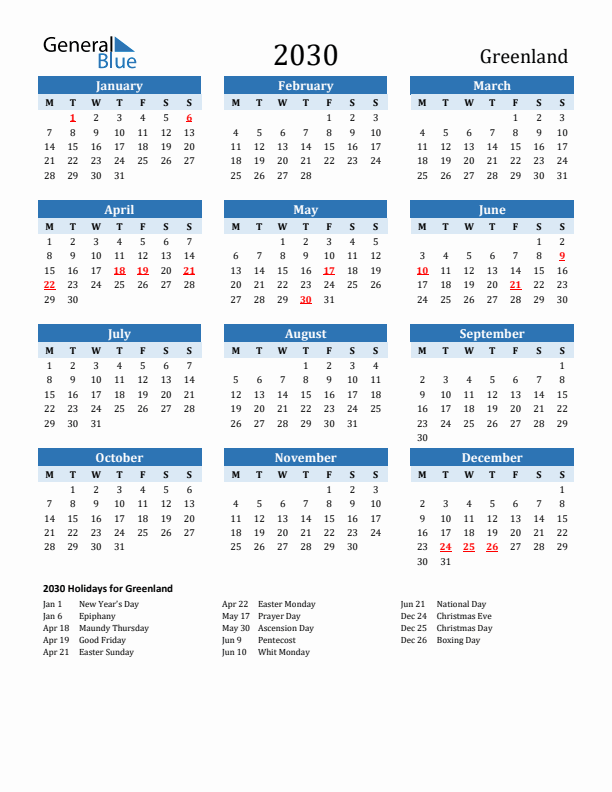 Printable Calendar 2030 with Greenland Holidays (Monday Start)