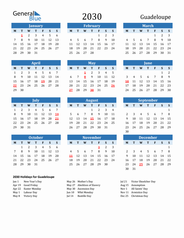 Printable Calendar 2030 with Guadeloupe Holidays (Monday Start)