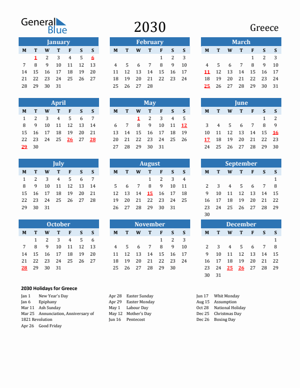 Printable Calendar 2030 with Greece Holidays (Monday Start)