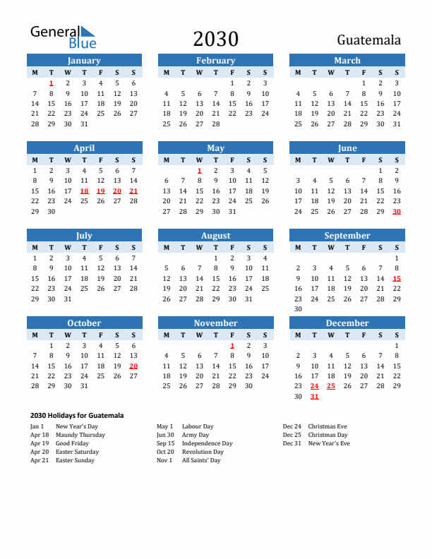 Printable Calendar 2030 with Guatemala Holidays (Monday Start)