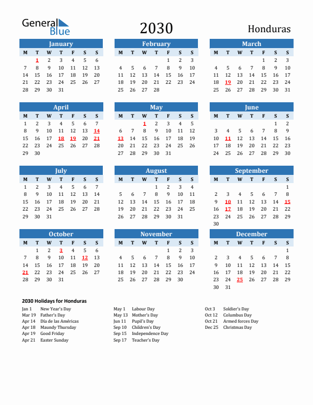 Printable Calendar 2030 with Honduras Holidays (Monday Start)