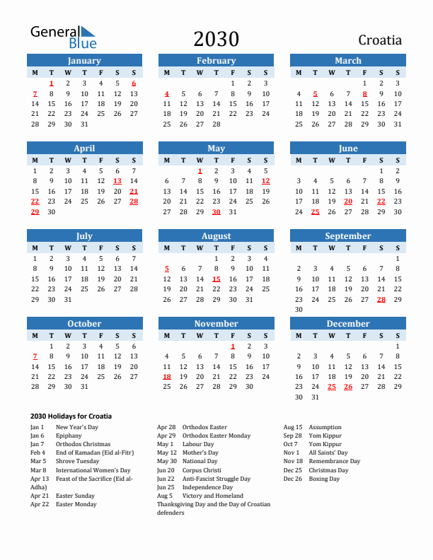 Printable Calendar 2030 with Croatia Holidays (Monday Start)