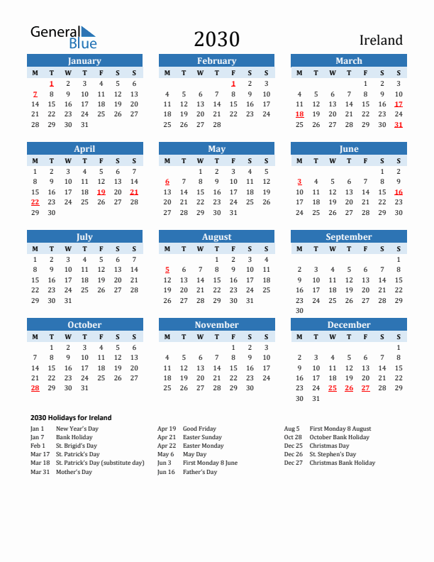 Printable Calendar 2030 with Ireland Holidays (Monday Start)