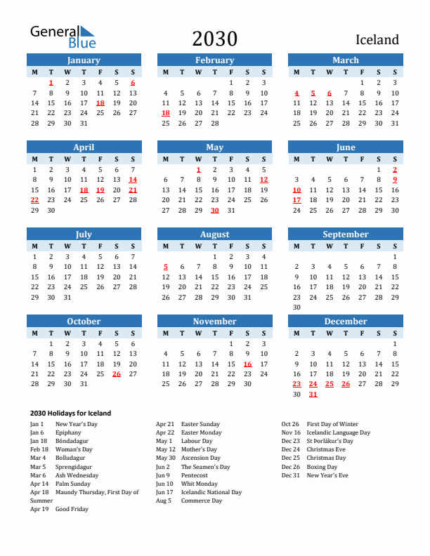 Printable Calendar 2030 with Iceland Holidays (Monday Start)