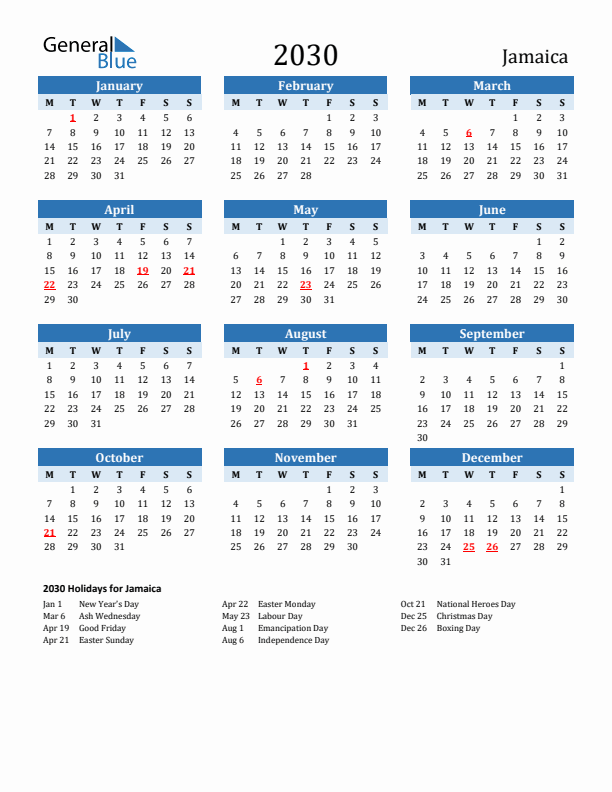 Printable Calendar 2030 with Jamaica Holidays (Monday Start)