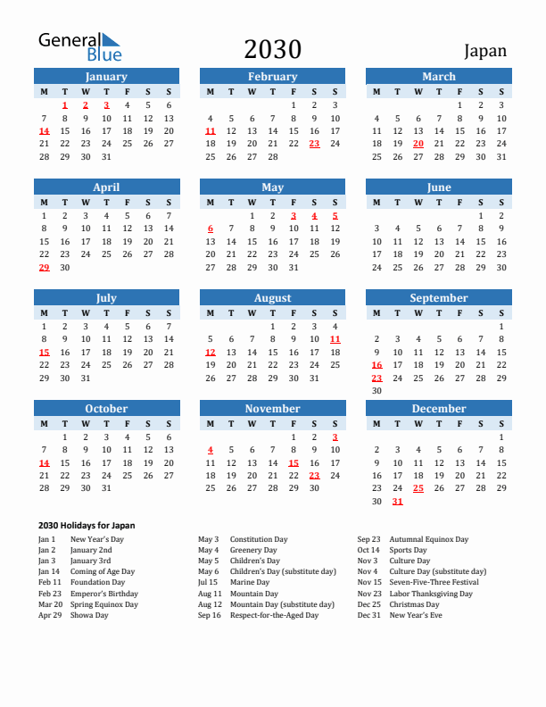 Printable Calendar 2030 with Japan Holidays (Monday Start)