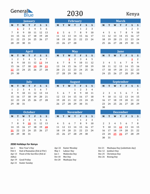 Printable Calendar 2030 with Kenya Holidays (Monday Start)