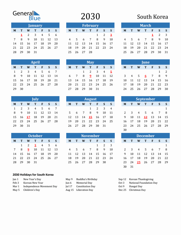 Printable Calendar 2030 with South Korea Holidays (Monday Start)