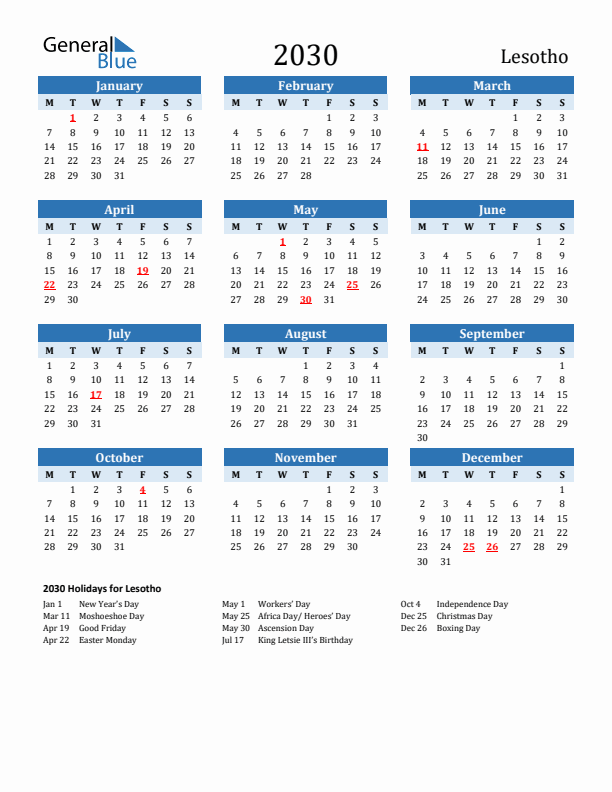 Printable Calendar 2030 with Lesotho Holidays (Monday Start)