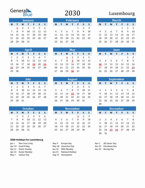 Printable Calendar 2030 with Luxembourg Holidays (Monday Start)