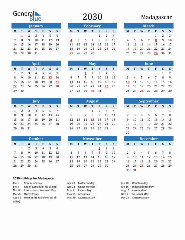Printable Calendar 2030 with Madagascar Holidays (Monday Start)